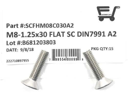(15) M8 x 1.25 x 30 Stainless Steel Flat Head Socket Cap Screws DIN7991 M8-1.25 - Picture 2 of 4