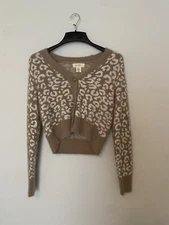 Jessica Simpson Cardigan Sweater Women's XS Brown Leopard Print Fuzzy