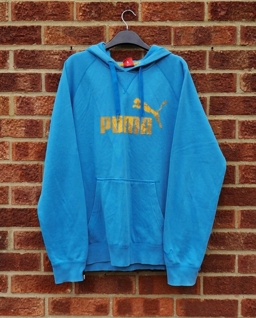 Vintage blue yellow Puma hoodie patterned logo sports plain