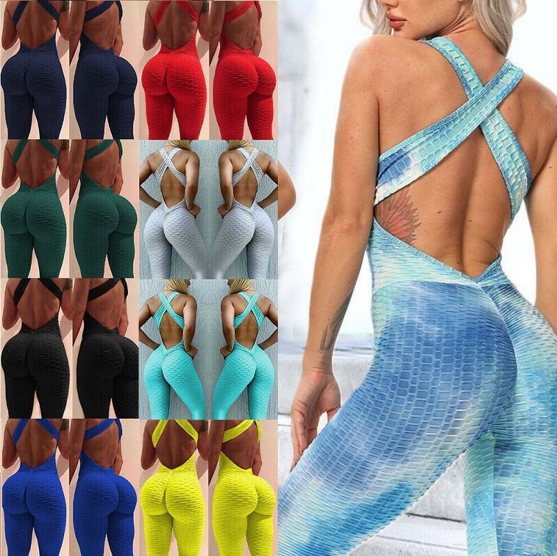 Womens Sports Yoga Jumpsuit Bodysuit Leggings Pants Anti Cellulite Fitness Gym