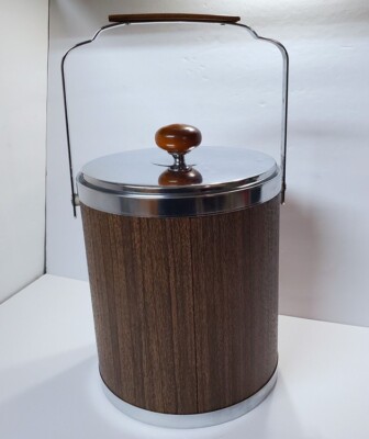 Vintage Large KROMEX Chrome & Wood Grain ICE BUCKET With Lid MCM Retro 1970's