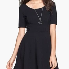 Lush Womens Skater Dress Scoop Neck Low Back Black Textured Short Sleeve Stretch