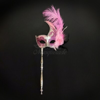 Handheld Stick Mask | Feather Masquerade Mask Silver Pink