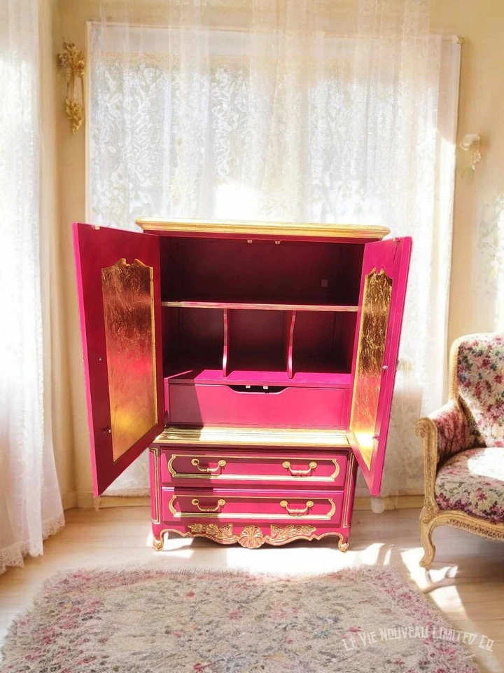 Vintage Hand Painted Gold Fuchsia French Provincial Armoire 4-Piece Set Custom - Image 3 of 4