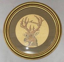 Vintage Deer Stag Buck Needlepoint Framed Cottage Country Hunting Decor