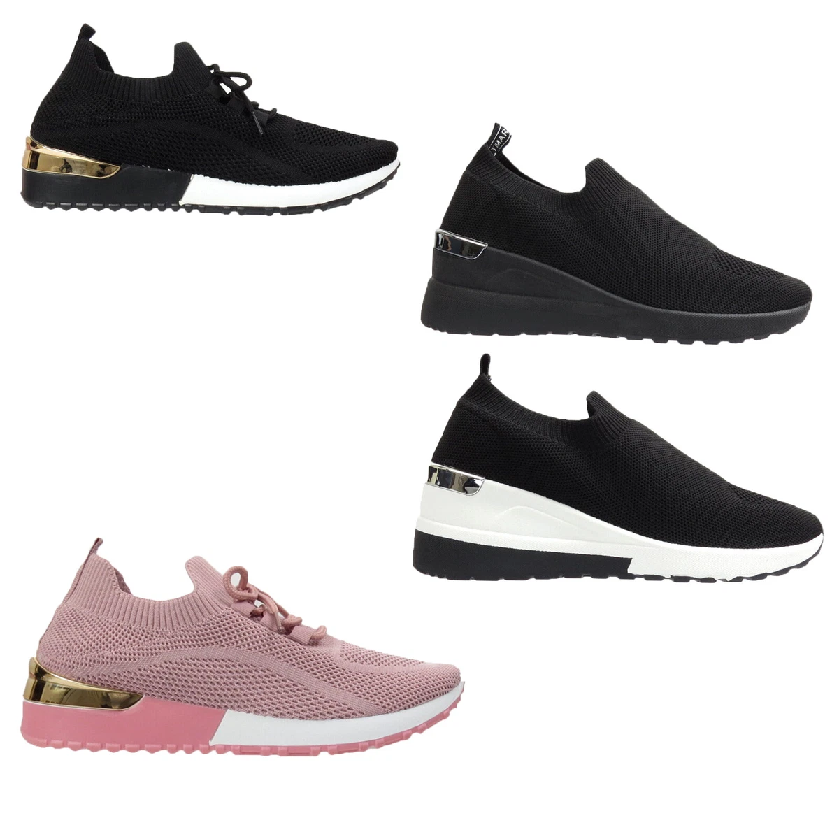 LADIES KNIT TRAINERS METALLIC GOLD WOMENS SPORTS SNEAKERS GIRLS SHOES SIZE