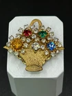 VINTAGE MIRIAM HASKELL FLOWER BASKET PIN WITH RHINESTONES GOLD TONE SIGNED