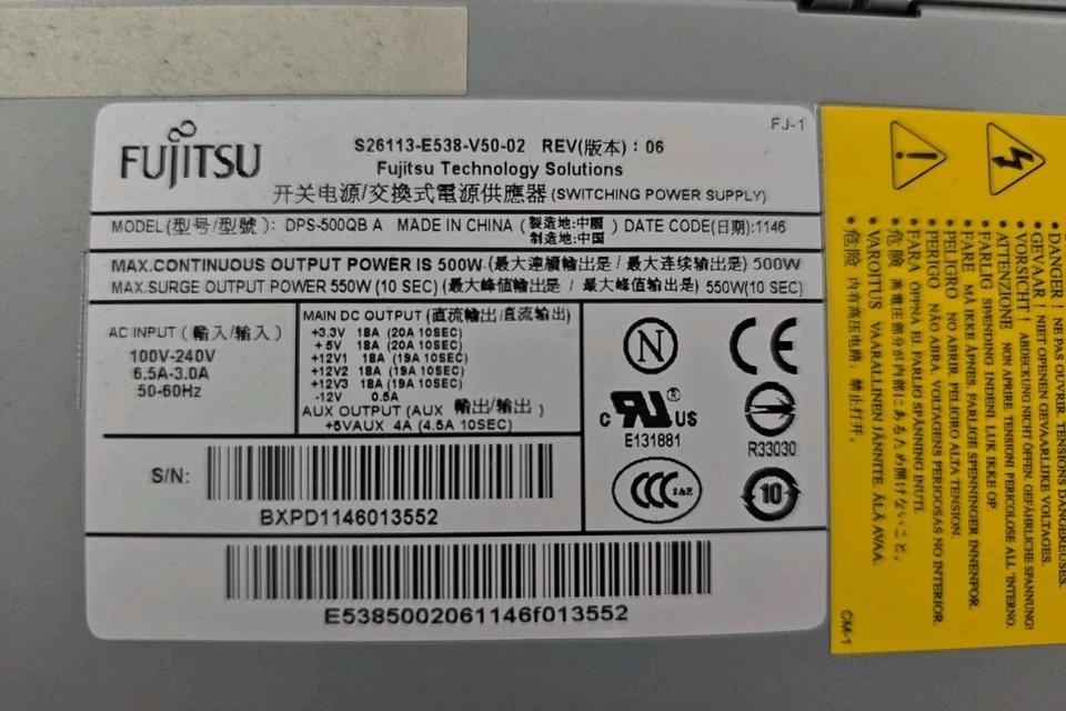 Fujitsu 500W Power Supply DPS-500QB A S26113-E538-V50-02 - Image 4 of 4