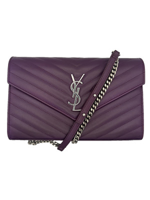 Saint Laurent Cassandre Envelope Chain Wallet Purple Chevron Grain