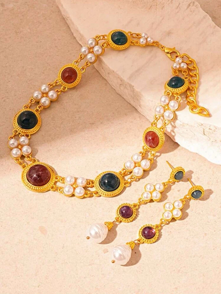 Conjunto de brincos e colar estilo corte francês alto grau senso de nicho cor retrô - Imagem 3 de 4