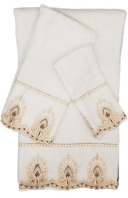 Marina - 100% Cotton Embroidered Bathroom Towel Set, 3 Piece, White Lace