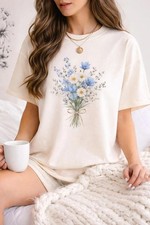 Women Floral Graphic T Shirt Casual Loose Short Sleeve Blue Daisy Print Tee Top