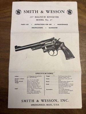 Original Smith & Wesson Model 27 Owners Manual S&W .357 Magnum 1960-1967 NICE!