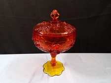 Fenton Amberina Orange Yellow Glass Embossed Cabbage Roses Covered Candy Dish #2