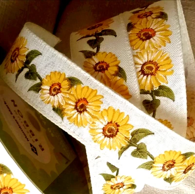 Sunflower Garland 1.5" x 5 yds Cream Canvas Quality Wired Ribbon Fall Summer - Image 1 of 4