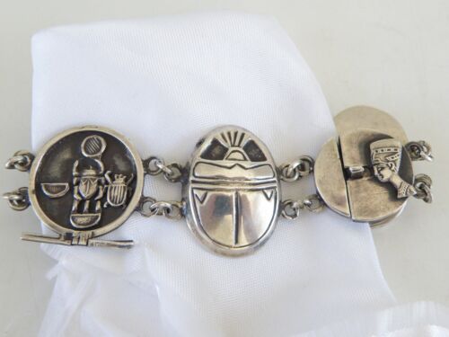 Signed Sterling Silver 925 Egyptian Scarab Antique Vintage Bracelet Fits 6.5"