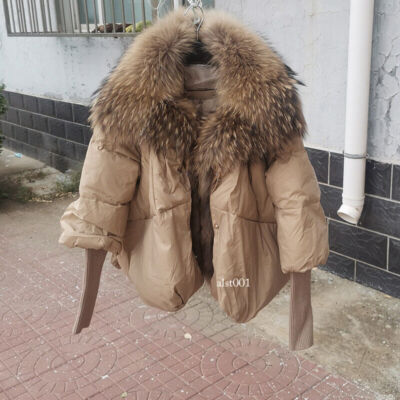 Women's Real Fox Fur Collar Down Puffer Jacket Short Coat Outwear