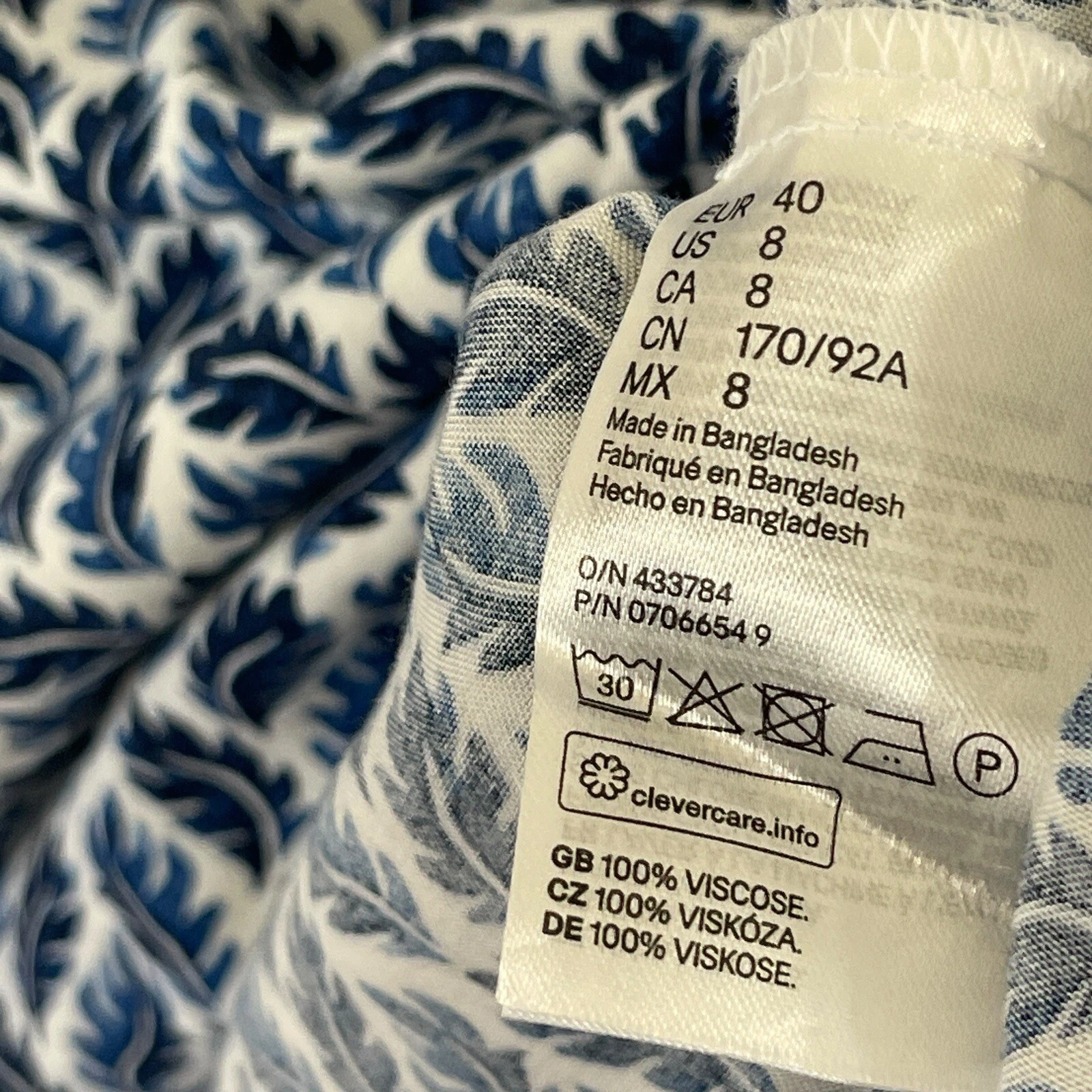 VETEMENTS H&M 8 Vestito Pullover Manica Corta Blu Bianco Foglia Scollo a V Lunghezza Ginocchio Donna