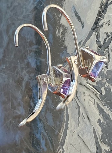 Amethyst Created Princess Cut Dangle Leverback Earrings 14kt Solid White Gold - Picture 12 of 12