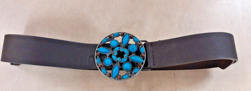 Western Style Leather Belt Turquoise Stones Round Buckle Charity Sale - Picture 3 of 7