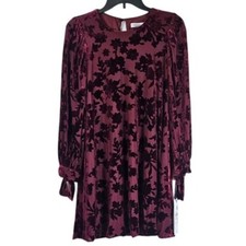 Calvin Klein Velvet Burnout Mini Dress Sz 10 Burgundy Stretchy Tie Sleeves NWT
