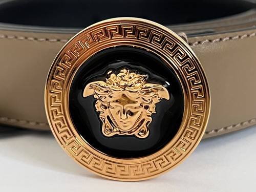 NWT Versace Biggie Medusa Logo Gold Buckle Taupe Leather Belt Sz 95 US 38 $675 - Picture 20 of 23