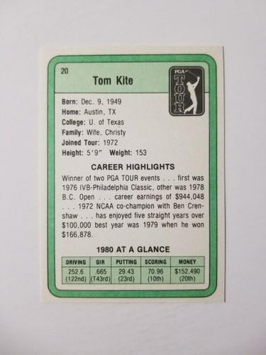 1981 DONRUSS PGA TOUR TRADING CARD #20 TOM KITE - Picture 2 of 2