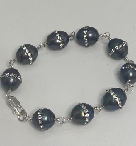 925 Sterling Silver Rhinestone & Gray Pearl Bracelet 7.75 in 16.23 g 11.57 mm - Picture 7 of 9