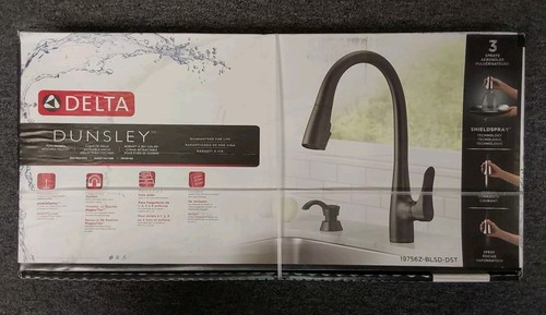 New! Delta Dunsley Black Stainless Double Handle Pull-down Kitchen Faucet