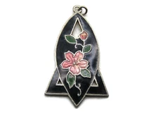 Art Deco Style Black & Pink Flower Vines Necklace Pendant Silver Tone