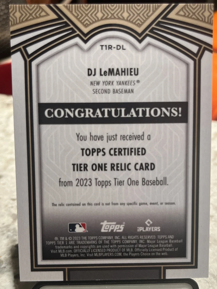 2023 Topps Tier One DJ LeMAHIEU Patch Relic /400 NEW YORK YANKEES #T1R-DL - Image 2 of 2
