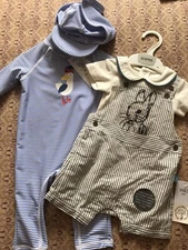 M&S Baby  Striped Romper & Hat 3-6m/ 3 Part Short Bib n Brace 0-3 New £36