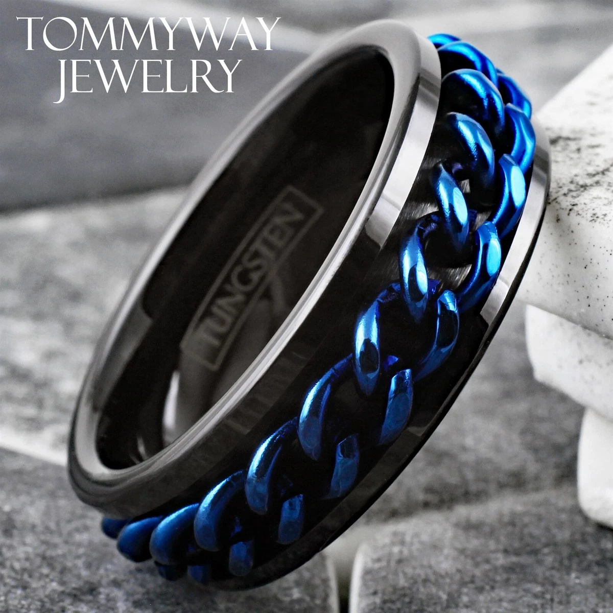 Tungsten black and blue wedding band sale