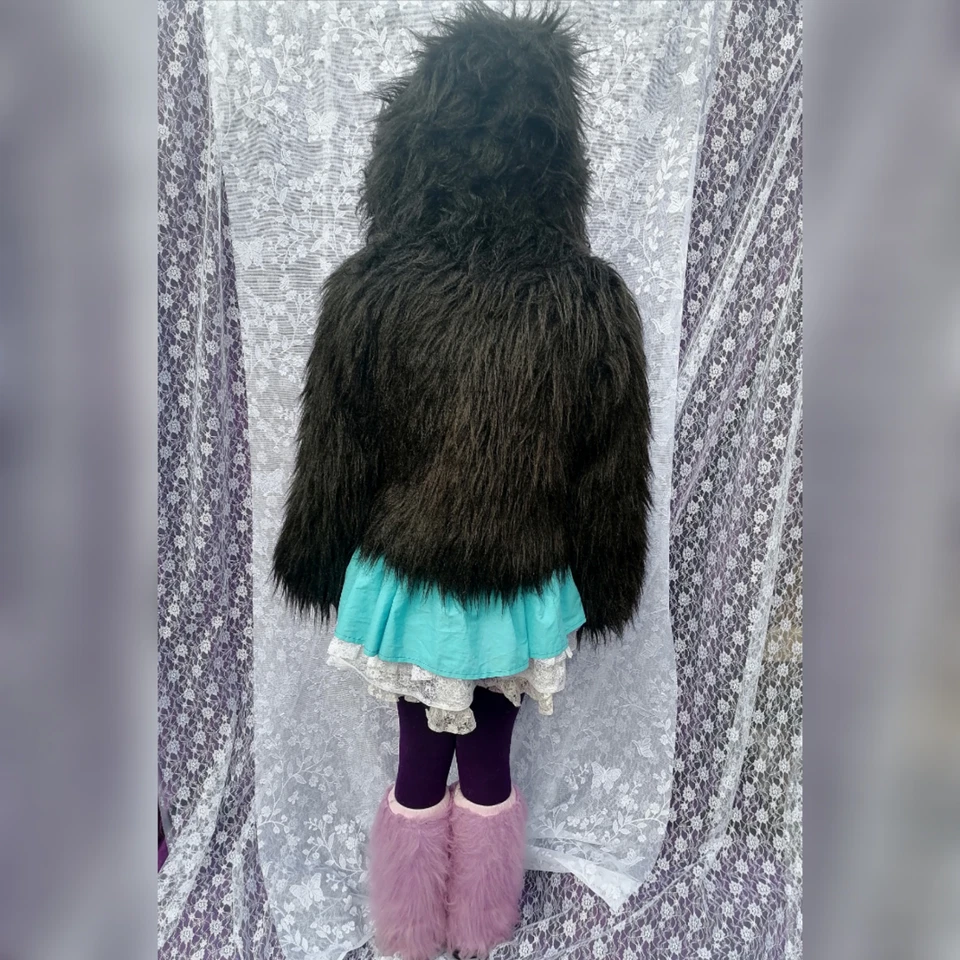 Black faux fur jacket with teady Bear Ears size small fluffy coat hoodie - Image 4 of 4
