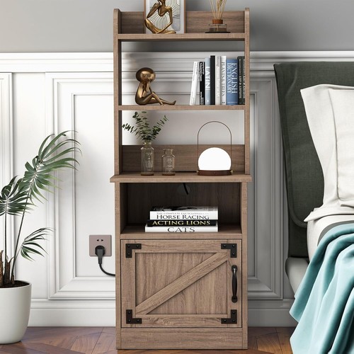 Nightstand, Tall Bedside Table with Charging Station & Adjustable Open Bookshelf - Picture 3 of 10