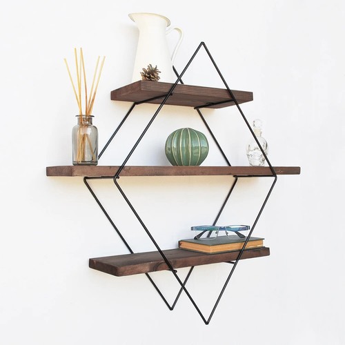 3 Tier Industrial Vintage Wall Floating Shelves Metal Wood Shelf Display Rack - Picture 8 of 17