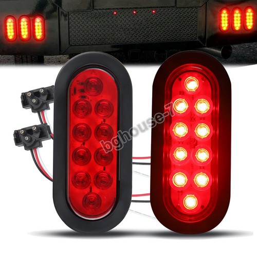 2 Red 6" Oval Trailer Lights 10 LED Stop Turn Tail Truck Sealed Grommet