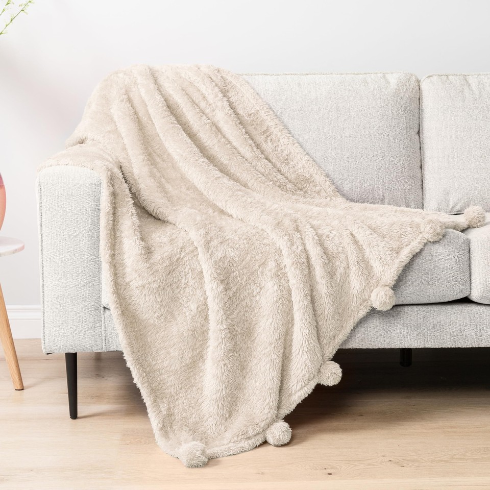 Cream Sherpa Throw Blanket for Couch, Warm Plush Pom Pom Blanket Throw