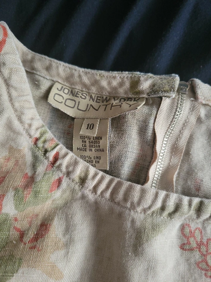 Camiseta sin mangas floral muy rara vintage Jones New York COUNTRY talla 10 lino cremallera Foto 2 de 3