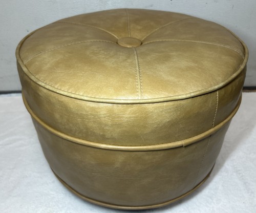 VTG MCM Camel Brown Hassock Ottoman 13” H Mid Century Vinyl  *SEE VIDEO* - Picture 1 of 21