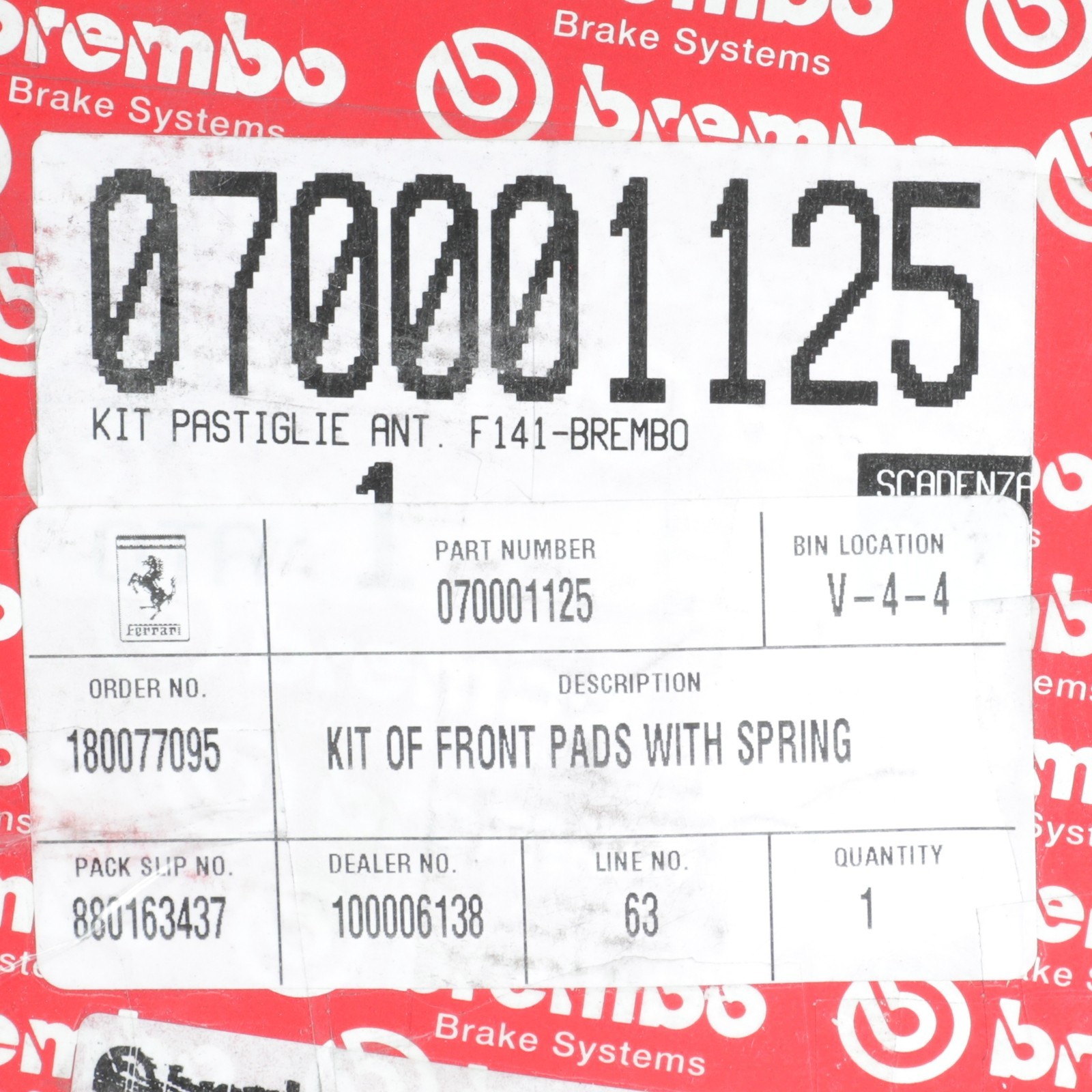 Ferrari 599 GTB Fiorano Brake pad kits Set P/N 70001125