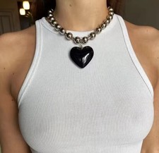 Black Metal Beaded Necklace Heart Pendant 