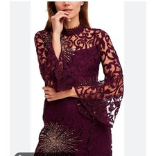 FREE People Women's Crochet Lace Starburst Dress Size 8 Plum Bell Sleeves (NWOT)