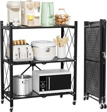 3 Tier Folding Shelf W/Wheels, Shelving Unit For Kitchen Home Heavy Duty Rack UK