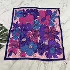Womens Vintage 70s Floral Square Scarf Silk Blend Purple Pink Mod Funky Graphic