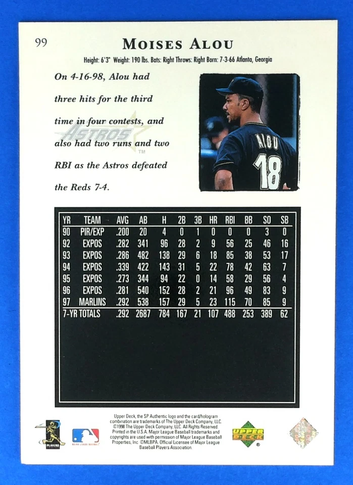 1998 SP Authentic Moises Alou #99 Green Jersey BASEBALL CARD Houston Astros - Image 2 of 2