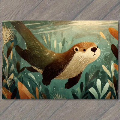 #ad POSTCARD River Otter Swim Kelp Leaves Teal Water Whiskers Wildlife Cute $6.65