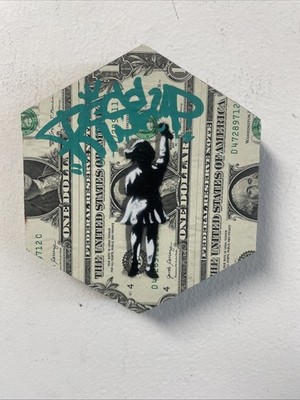 Little Graffiti Girl Rise Up dollar bill Original  Street Art Painting Graffiti