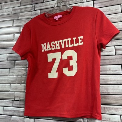 Edikted LLC womens L tee shirt Nashville 73 red crop cap stretch NWOT