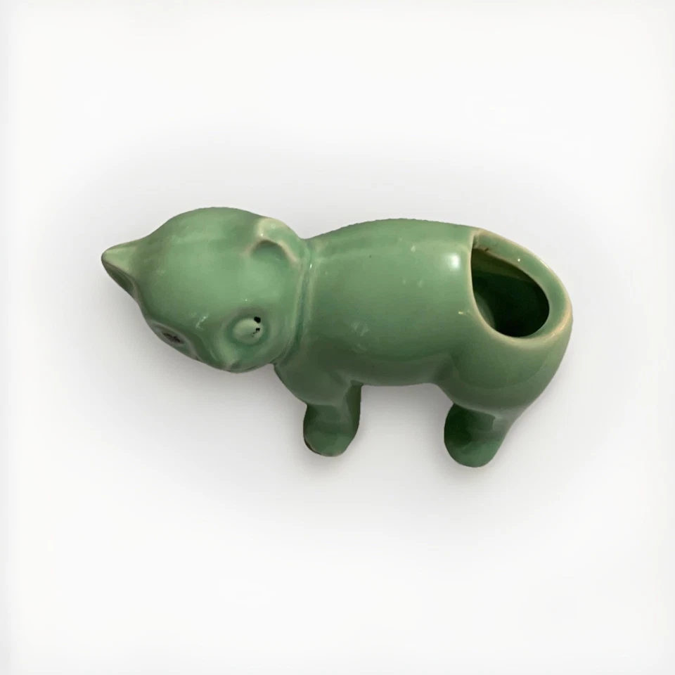 Vtg MCM McCoy Cat Planter Figurine Green Art Pottery. See Descrip Notes Glow - Image 2 of 4